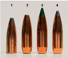 Where bullet length is critical: (1) Speer 87-grain Hot-Cor SP, (2) Sierra 90-grain HP, (3) Sierra 90-grain BlitzKing and (4) Speer 100-grain SP. The Sierra 90-grain HP is tougher and intended for larger game than varmints.